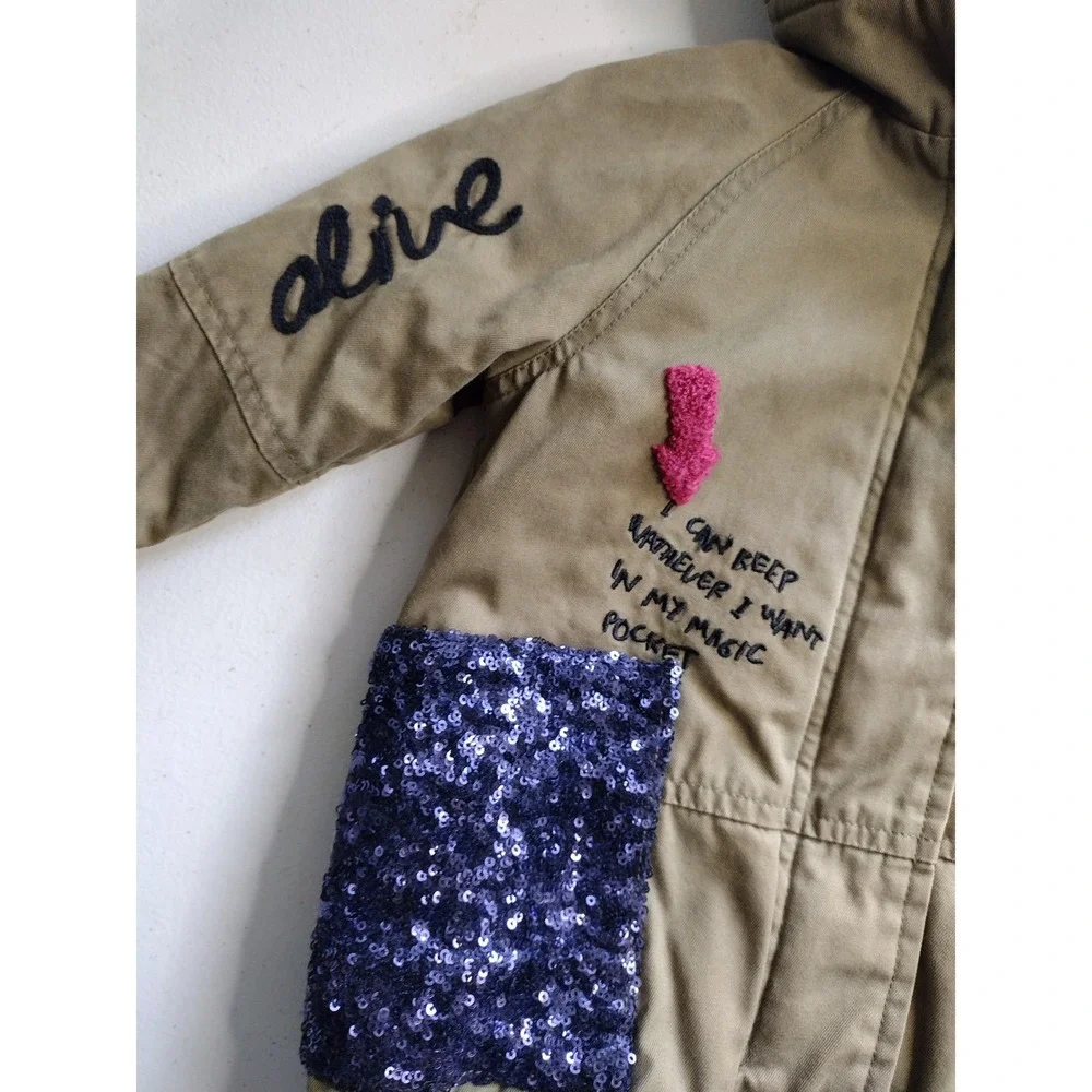 Ciao Milano Kids Girls Khaki Lined Parka Jacket Size 2‎ Sequins Patches